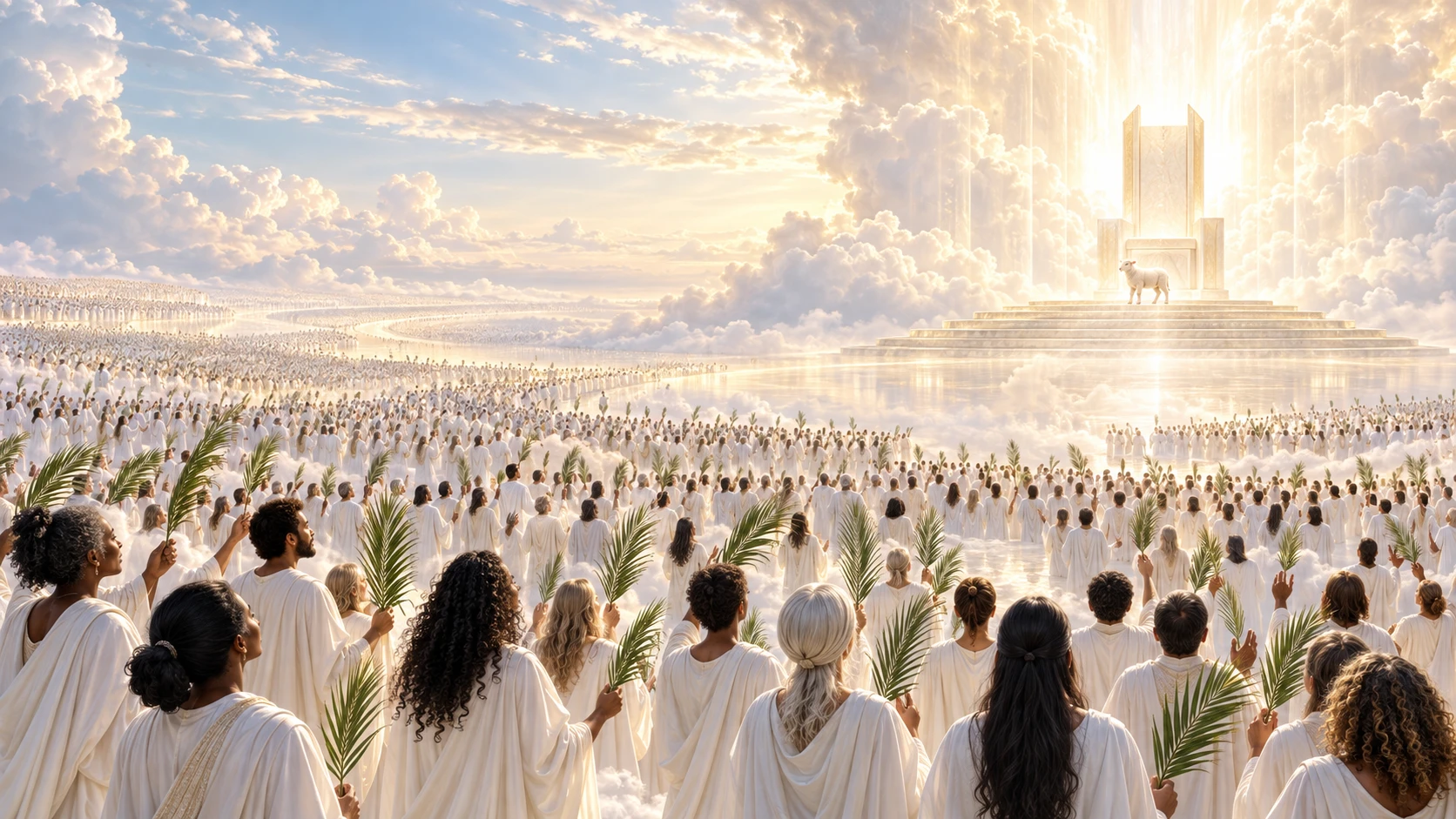 An artistic interpretation of Revelation 7:9: people from every nation in white robes, holding palms before the throne and the Lamb